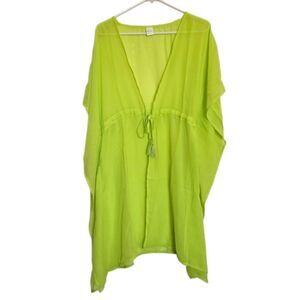 Swim Cover-Up Medium Tied Bright Neon Yellow Kimono Tassle Beachwear